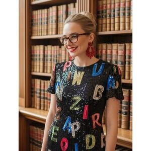 Rare Vintage Swee Lo Black Sequin Dress Alphabet Appliqués 1980s Collectors